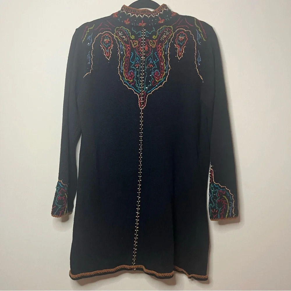 VTG COLDWATER CREEK Colorful Boho 90s Beaded Embroidered Longlined Fall Cardigan
